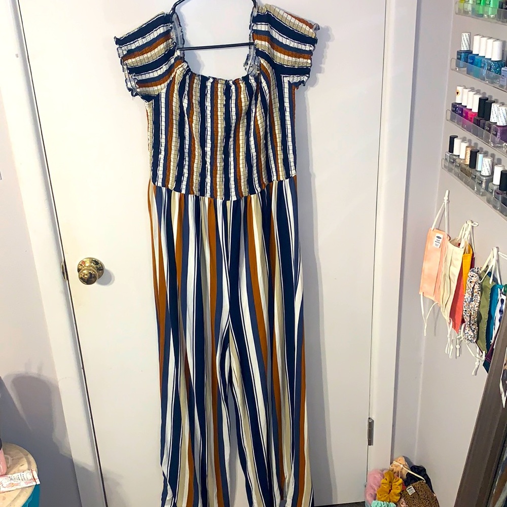 Orange & blue striped off the shoulder jumpsuit